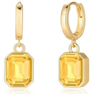 18K Yellow Gold with Yellow Citrine Crystal Dangling Octagon Huggie Earrings